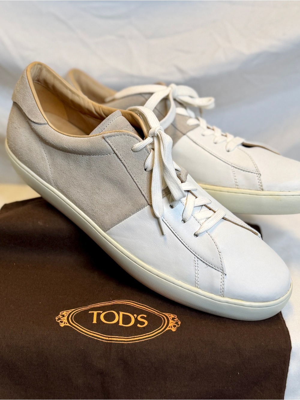 TOD’S Men’s White Leather Taupe Tan Suede Lace-up Low-top Sneakers; SIZE 12